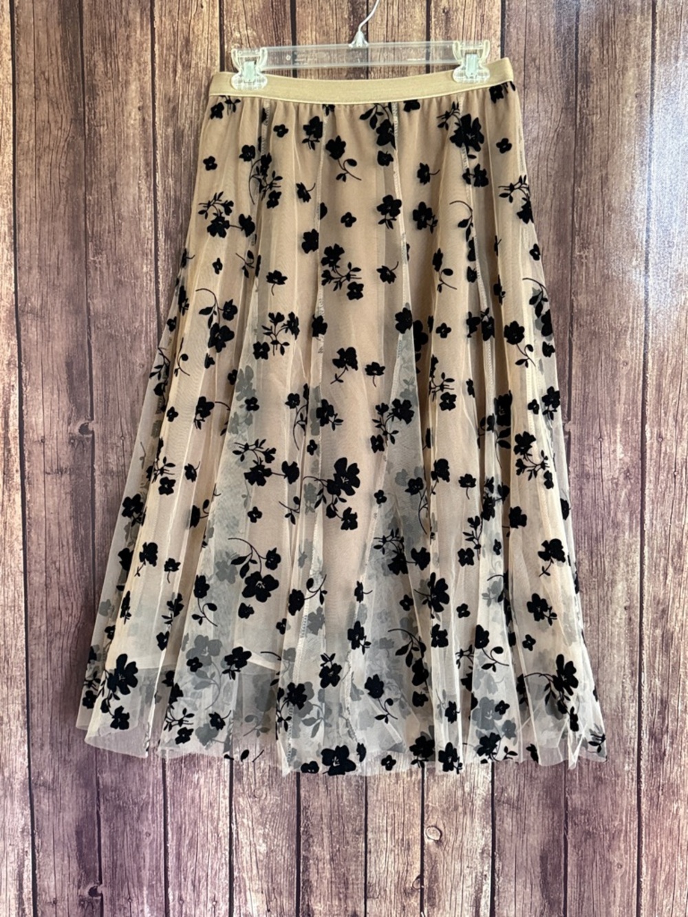 Floral Mesh Midi Skirt in Tan with Black Flowers